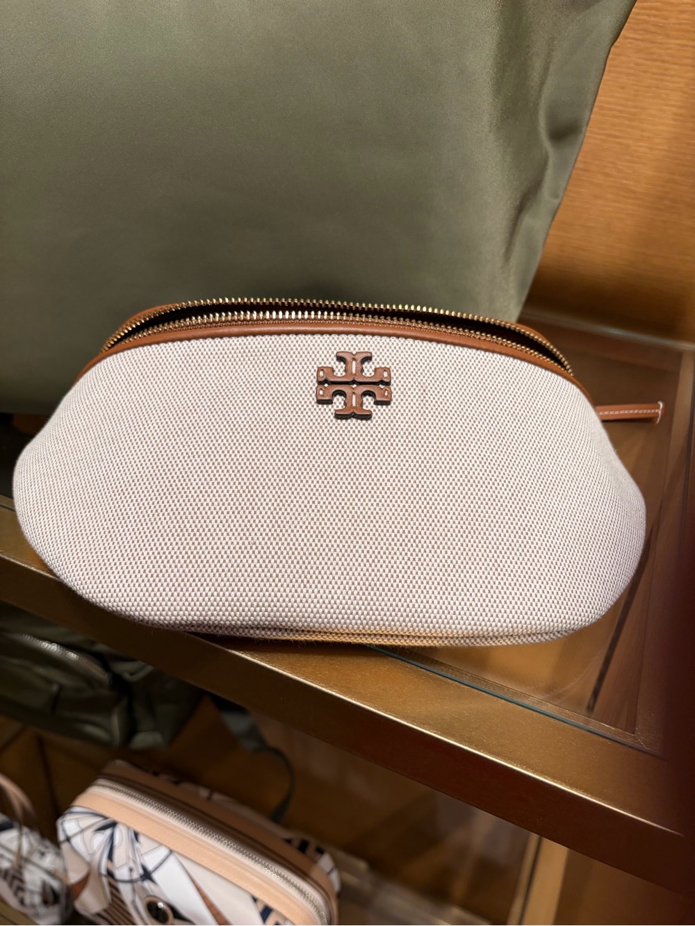 Tory Burch Cream Canvas belt bag with 2 straps with Tan Trim and Logo new